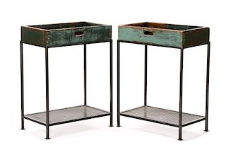 Pair, Tall Iron and Wood Industrial Side Tables