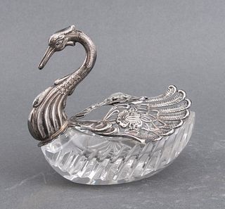 Silverplate Mounted Glass Swan-Form Ring Dish