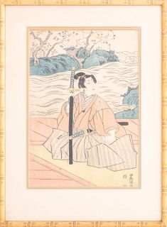 Japanese Woodblock Print of a Seated Samurai