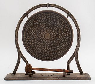 Mid-Century Hammered Steel Dinner Gong on Stand