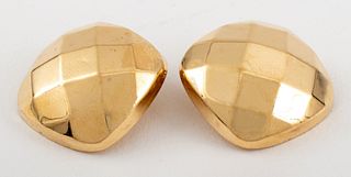 14K Gold Cushion Shaped Checkerboard Clip Earrings