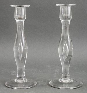Hand Made Clear Glass Studio Candle Stick, Pair