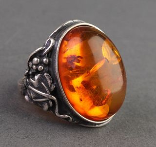Engraved Silver & Amber Ring