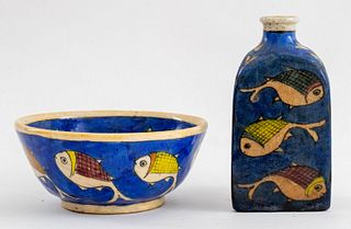 Turkish Iznik Ceramic Bowl and Bottle, 20th c.