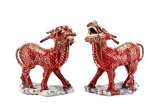Pair of Chinese Red Glazed Qilin Figures, Marked