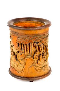 Qing Dynasty High Relief Carved Bamboo Brush Pot