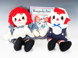 RAGGEDY ANN AND ANDY STYLE HOMEMADE PLUSH DOLLS AND HARDCOVER BOOK