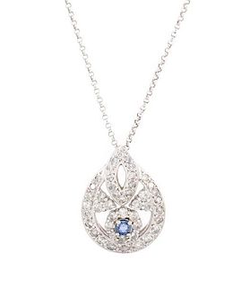 Ladies 14k White Gold, Diamond & Sapphire Necklace