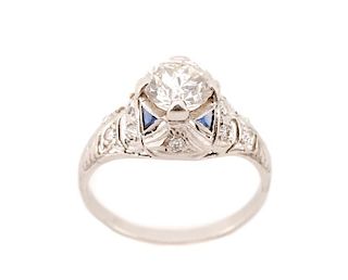 Ladies Art Deco Platinum, Diamond, & Sapphire Ring