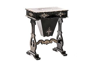 Victorian MOP Inlaid Papier Mache Sewing Table