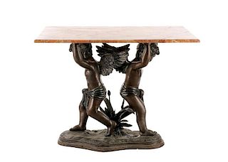 Patinated Bronze and Simulated Marble Cherub Table