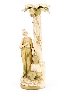 Large Royal Dux Porcelain Woman with Palm Tree