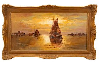 Continental, "Ships At Sunrise", Oil On Canvas
