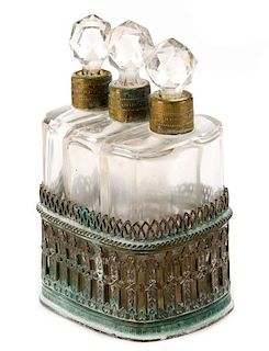 Set of Three Glass Perfumes in Gilt Metal Holder