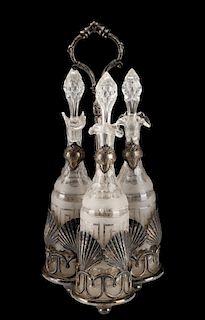 Fine Crystal & Silver 3 Bottle Decanter Set Caddy