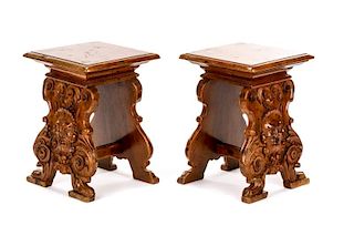 Pair, Italian Baroque Style Carved Hall Stools