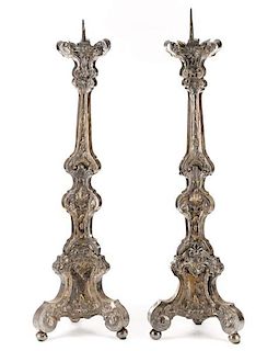 Pair, Baroque Style Silvered Metal Candle Prickets