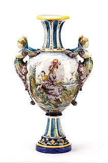 Large Hand Painted Majolica Urn with Harpy Handles