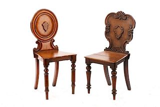 Group of 2 English Carved Oak Hall Chairs