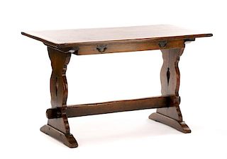English Stained Oak Trestle Table, 20th C.