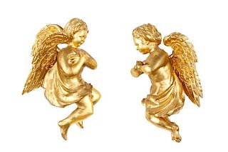 Pair of Giltwood Wall-Mounting Winged Cherubs
