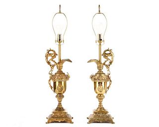 Pair of Gilt Metal Ewer Form Table Lamps