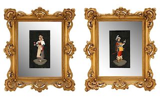 Pair Italian Pietra Dura Framed & Mirrored Plaques