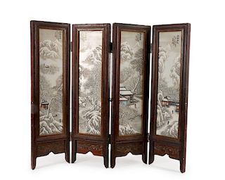 Chinese Signed 4 Panel Table Screen, Snowy Village