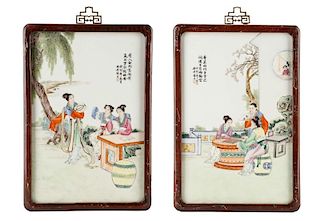 Pair of Chinese Figural Porcelain Plaques, Framed