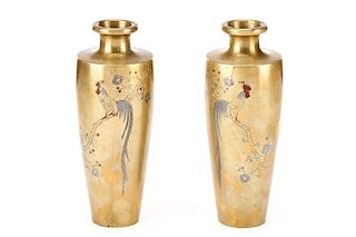 Pair of Japanese Bronze Vases, Cock & Cherry Tree