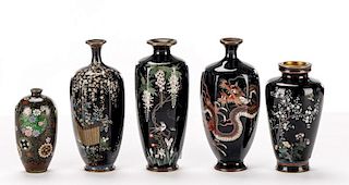 Collection of 5 Japanese Black Cloisonne Vases