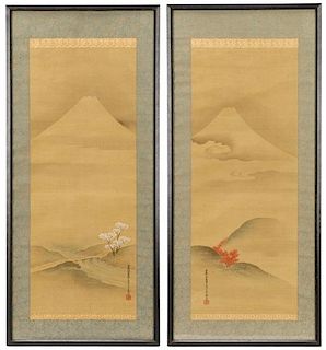 Pair of Japanese Watercolor Mountain Landscapes