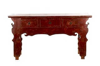 Asian Distressed Red Lacquered Console Table