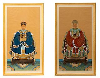 Pair Chinese Ancestral Portraits, Gouache On Silk