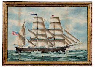 American School, 19th Century      Portrait of the Three-masted Vessel Harry Bailey