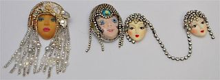 3 PC VINTAGE FLAPPER FACE RHINESTONE BROOCHES