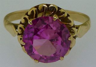 14KT GOLD PINK SYNTHETIC SPINEL FASHION RING SZ 8.75