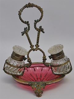 ANTIQUE CRANBERRY GLASS STAND WITH 2 INKWELLS