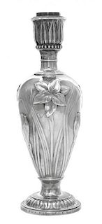 A Danish Silver Table Lamp, Anton Michelsen, Copenhagen, 1900, of vase form, chased with elongated irises, the stepped circular