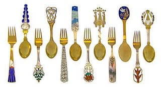 * A Group of Danish Silver-Gilt and Enameled Christmas Spoon and Fork Sets, Anton Michelsen, Copenhagen, 1910-2006, comprising e