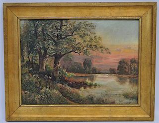 FRENCH OIL ON BOARD L. BOIVIN - LAKE SUNSET