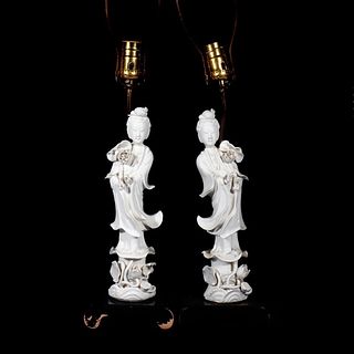 Pair of Dehua Style Porcelain Figurative Lamps.
