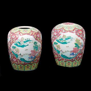 Pair of Pictorial Yellow and Pink Ginger Jars.