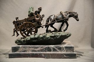 Bronze of peasants in horse drawn carriage  