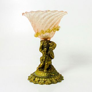 Vintage Murano Glass Vase Mounted on a Figural Brass Cherub