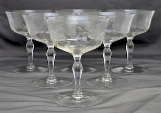 6 OPTIC ETCHED FLORAL CHAMPAGNE GLASSES