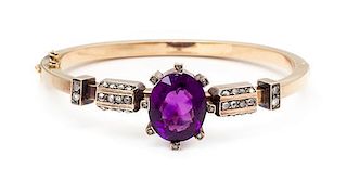 A Rose Gold, Silver, Amethyst and Diamond Bangle Bracelet, Russian, Circa 1900, 12.30 dwts.