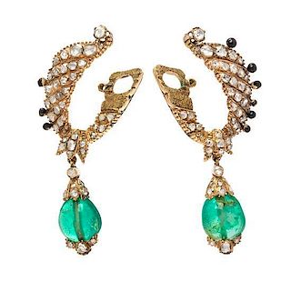 A Pair of Yellow Gold, Emerald, Diamond and Enamel Earrings, 10.70 dwts.