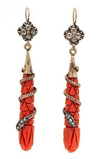 A Pair of Victorian Gold, Silver, Coral and Diamond Serpent Motif Pendant Earrings, 5.80 dwts.
