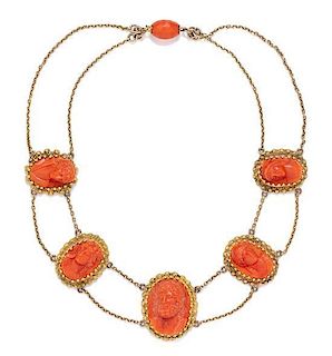 A Yellow Gold and Coral Festoon Necklace, 27.20 dwts.